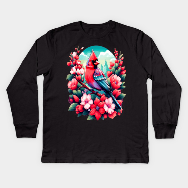 Cute Northern Cardinal Surrounded by Vibrant Spring Flowers Kids Long Sleeve T-Shirt by BirdsnStuff