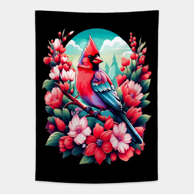 Cute Northern Cardinal Surrounded by Vibrant Spring Flowers Tapestry by BirdsnStuff