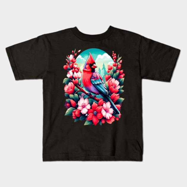 Cute Northern Cardinal Surrounded by Vibrant Spring Flowers Kids T-Shirt by BirdsnStuff