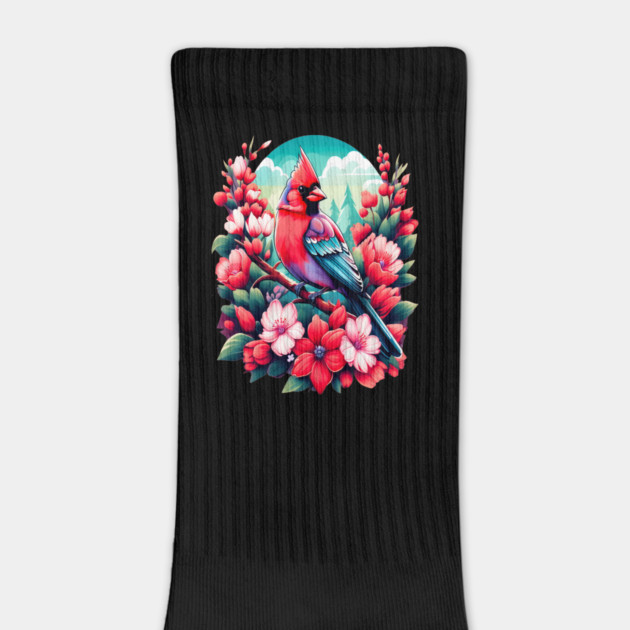 Cute Northern Cardinal Surrounded by Vibrant Spring Flowers by BirdsnStuff