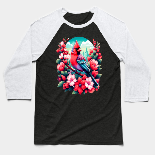 Cute Northern Cardinal Surrounded by Vibrant Spring Flowers Baseball T-Shirt by BirdsnStuff
