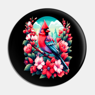 Cute Northern Cardinal Surrounded by Vibrant Spring Flowers Pin
