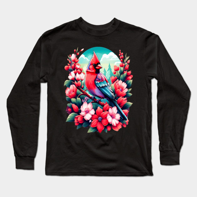 Cute Northern Cardinal Surrounded by Vibrant Spring Flowers Long Sleeve T-Shirt by BirdsnStuff