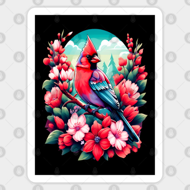 Cute Northern Cardinal Surrounded by Vibrant Spring Flowers Sticker by BirdsnStuff