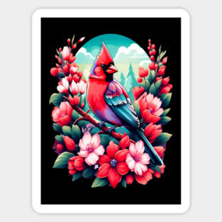 Cute Northern Cardinal Surrounded by Vibrant Spring Flowers Magnet