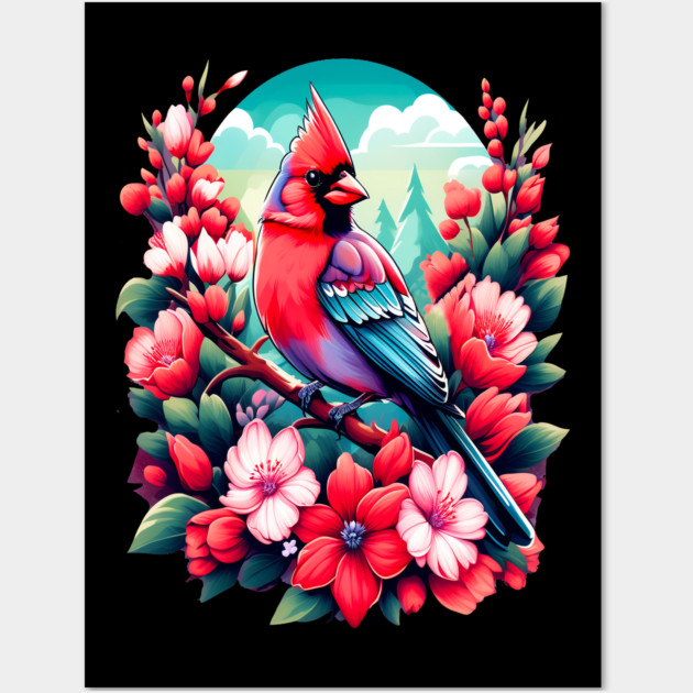 Cute Northern Cardinal Surrounded by Vibrant Spring Flowers Wall Art by BirdsnStuff