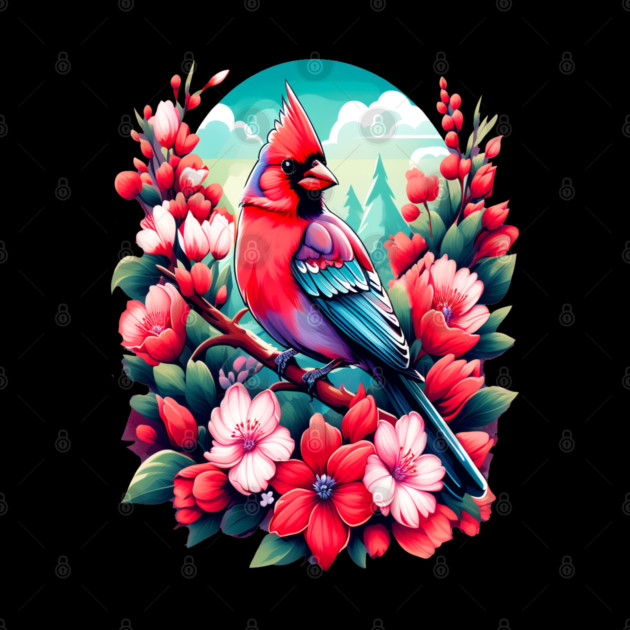 Cute Northern Cardinal Surrounded by Vibrant Spring Flowers by BirdsnStuff