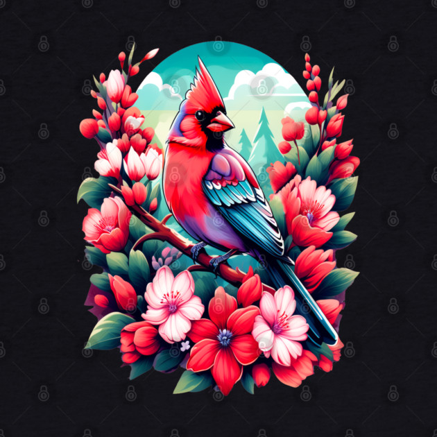 Cute Northern Cardinal Surrounded by Vibrant Spring Flowers by BirdsnStuff