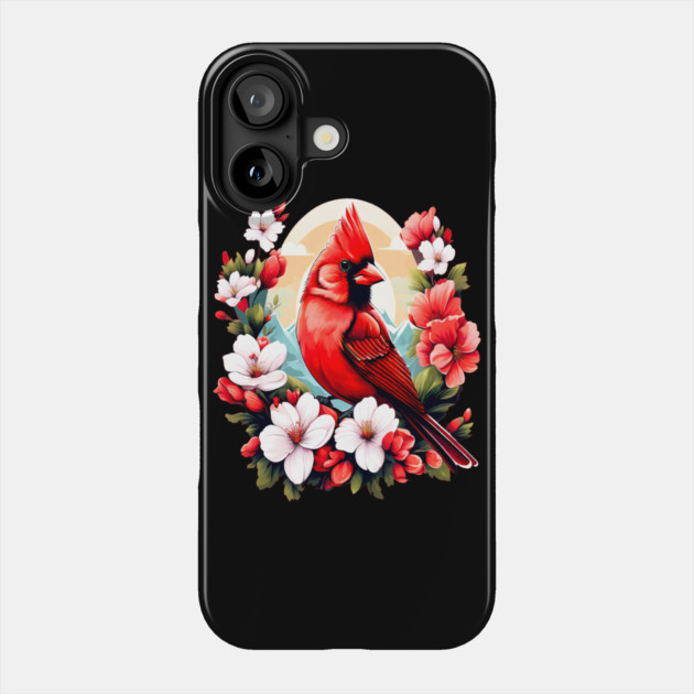 Cute Northern Cardinal Surrounded by Vibrant Spring Flowers Phone Case by BirdsnStuff