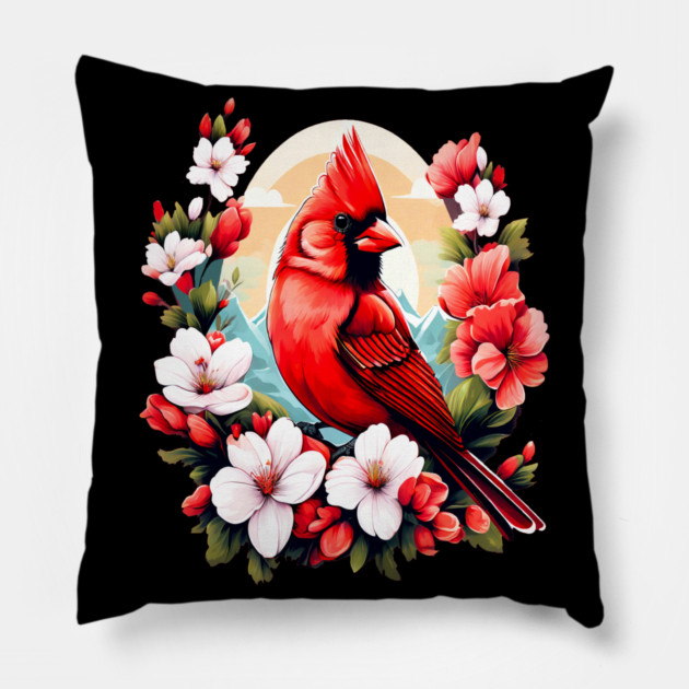 Cute Northern Cardinal Surrounded by Vibrant Spring Flowers Pillow by BirdsnStuff