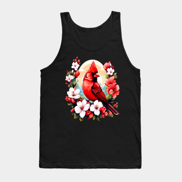 Cute Northern Cardinal Surrounded by Vibrant Spring Flowers Tank Top by BirdsnStuff