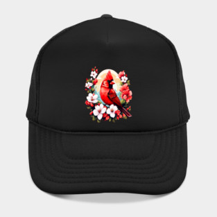 Cute Northern Cardinal Surrounded by Vibrant Spring Flowers Hat