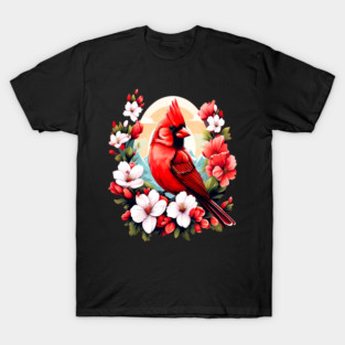 Cute Northern Cardinal Surrounded by Vibrant Spring Flowers T-Shirt