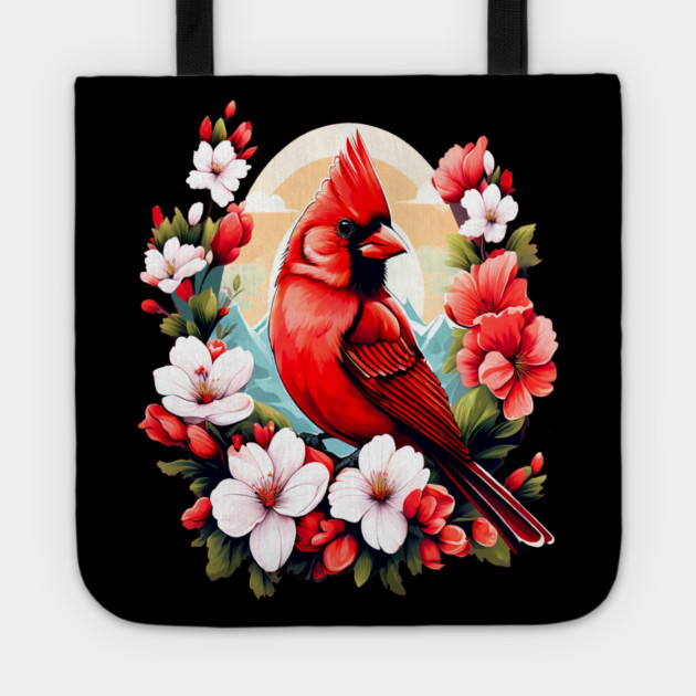 Cute Northern Cardinal Surrounded by Vibrant Spring Flowers Tote by BirdsnStuff