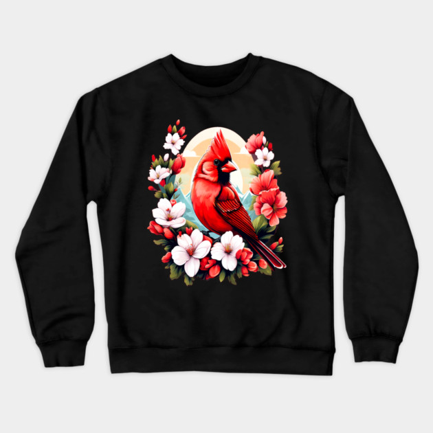 Cute Northern Cardinal Surrounded by Vibrant Spring Flowers Crewneck Sweatshirt by BirdsnStuff