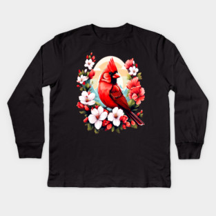 Cute Northern Cardinal Surrounded by Vibrant Spring Flowers Kids Long Sleeve T-Shirt