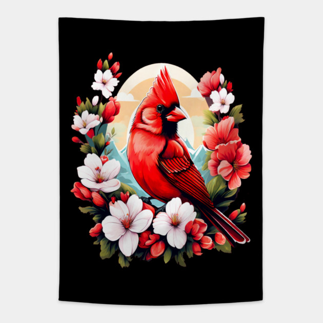 Cute Northern Cardinal Surrounded by Vibrant Spring Flowers Tapestry by BirdsnStuff