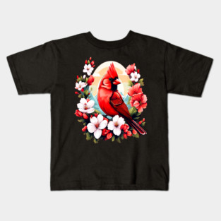 Cute Northern Cardinal Surrounded by Vibrant Spring Flowers Kids T-Shirt