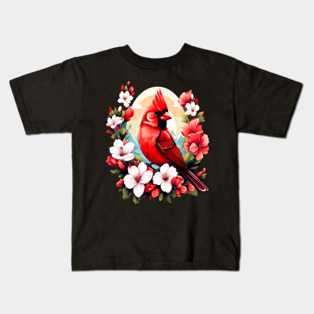 Cute Northern Cardinal Surrounded by Vibrant Spring Flowers Kids T-Shirt by BirdsnStuff