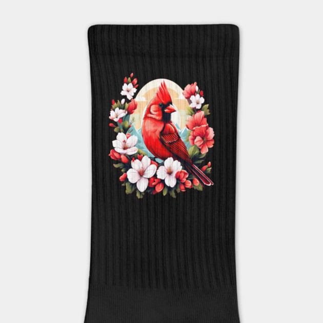 Cute Northern Cardinal Surrounded by Vibrant Spring Flowers by BirdsnStuff