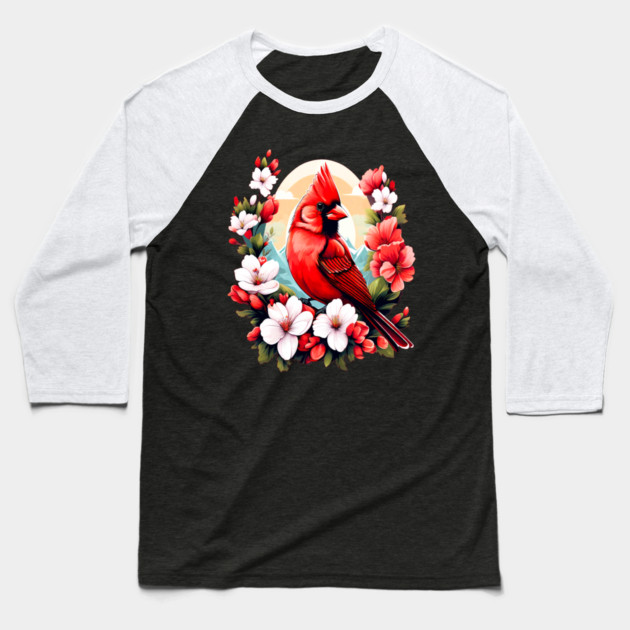 Cute Northern Cardinal Surrounded by Vibrant Spring Flowers Baseball T-Shirt by BirdsnStuff