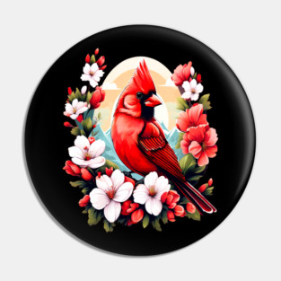 Cute Northern Cardinal Surrounded by Vibrant Spring Flowers Pin