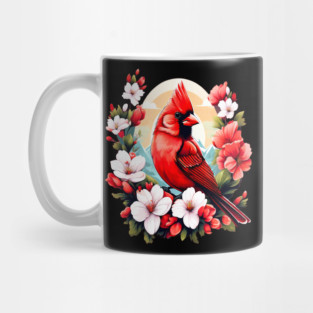Cute Northern Cardinal Surrounded by Vibrant Spring Flowers Mug