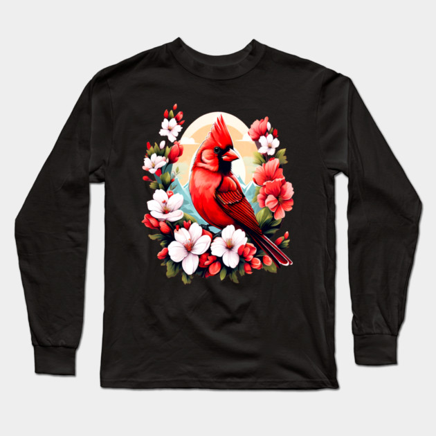 Cute Northern Cardinal Surrounded by Vibrant Spring Flowers Long Sleeve T-Shirt by BirdsnStuff