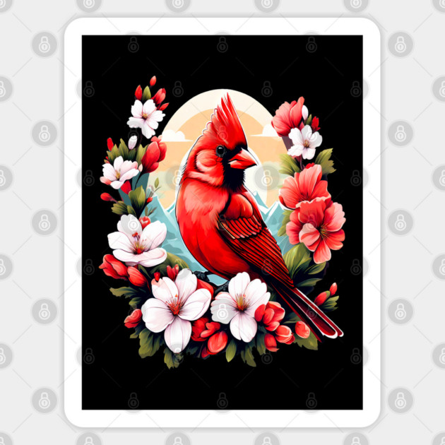 Cute Northern Cardinal Surrounded by Vibrant Spring Flowers Sticker by BirdsnStuff