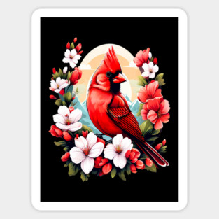 Cute Northern Cardinal Surrounded by Vibrant Spring Flowers Magnet