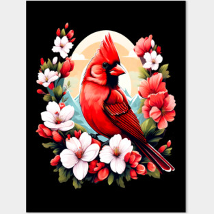 Cute Northern Cardinal Surrounded by Vibrant Spring Flowers Posters and Art