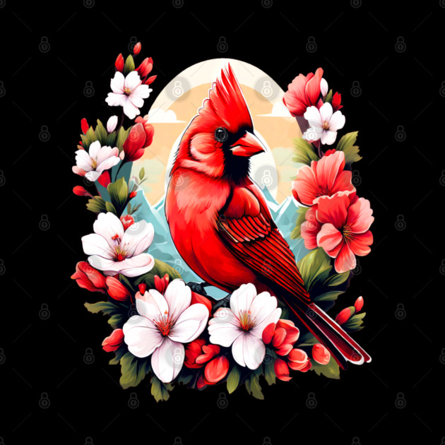 Cute Northern Cardinal Surrounded by Vibrant Spring Flowers by BirdsnStuff