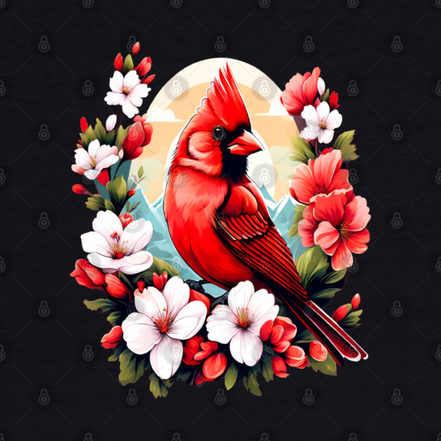 Cute Northern Cardinal Surrounded by Vibrant Spring Flowers by BirdsnStuff
