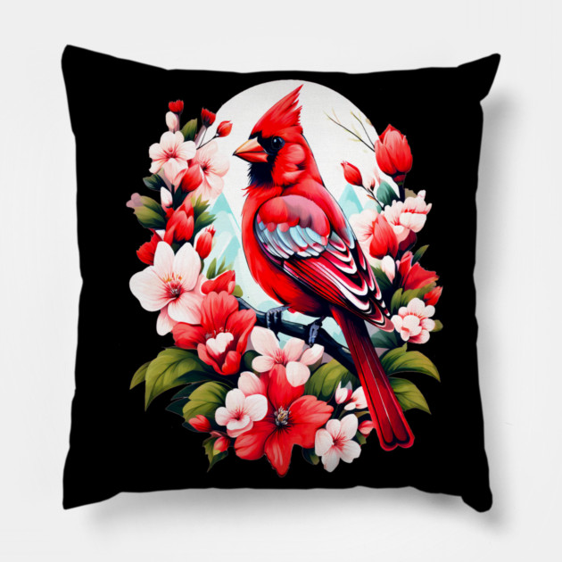 Cute Northern Cardinal Surrounded by Vibrant Spring Flowers Pillow by BirdsnStuff