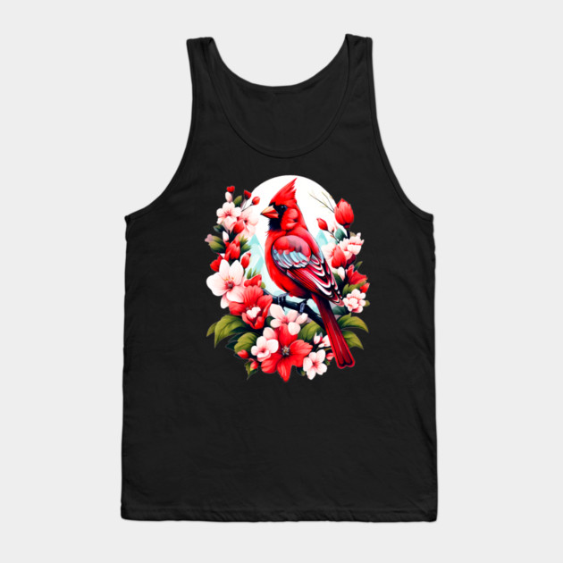 Cute Northern Cardinal Surrounded by Vibrant Spring Flowers Tank Top by BirdsnStuff