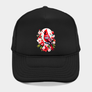 Cute Northern Cardinal Surrounded by Vibrant Spring Flowers Hat