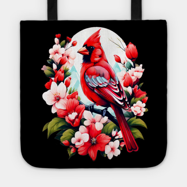 Cute Northern Cardinal Surrounded by Vibrant Spring Flowers Tote by BirdsnStuff