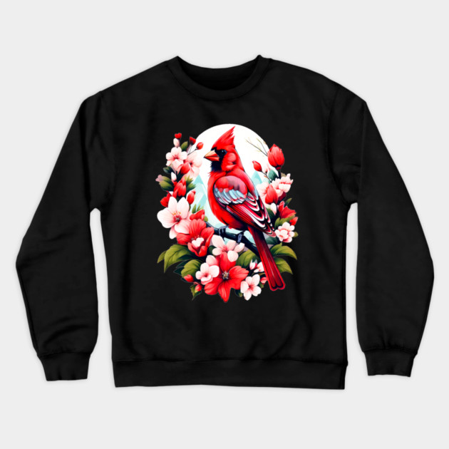 Cute Northern Cardinal Surrounded by Vibrant Spring Flowers Crewneck Sweatshirt by BirdsnStuff