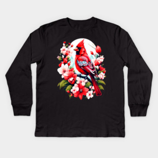 Cute Northern Cardinal Surrounded by Vibrant Spring Flowers Kids Long Sleeve T-Shirt