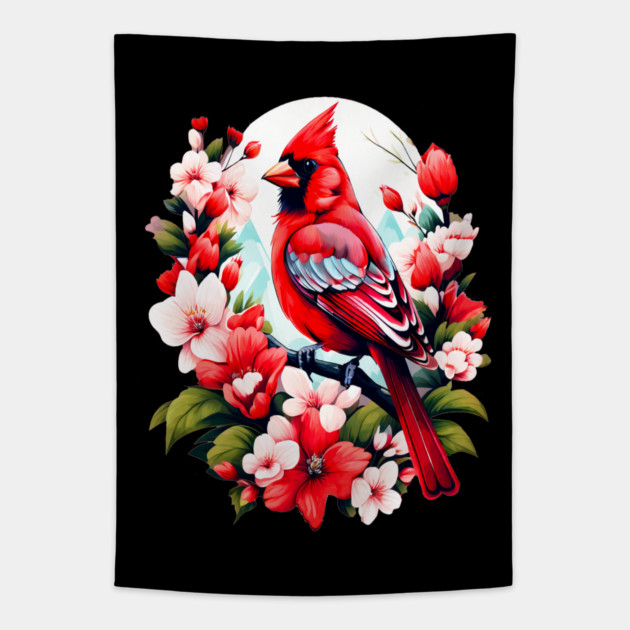 Cute Northern Cardinal Surrounded by Vibrant Spring Flowers Tapestry by BirdsnStuff
