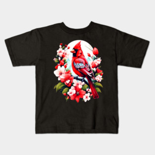 Cute Northern Cardinal Surrounded by Vibrant Spring Flowers Kids T-Shirt