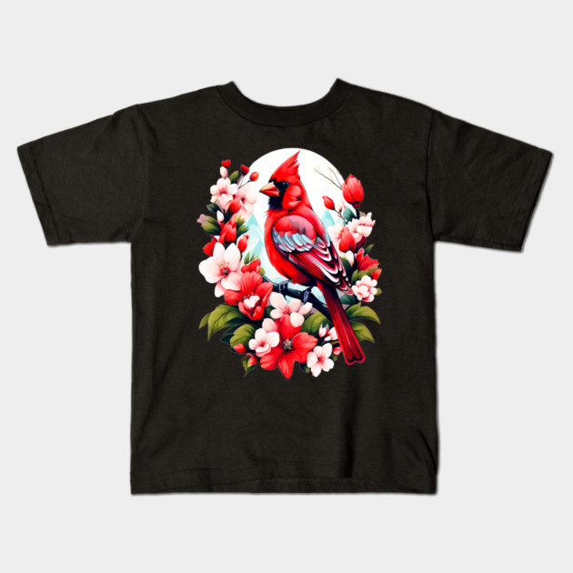 Cute Northern Cardinal Surrounded by Vibrant Spring Flowers Kids T-Shirt by BirdsnStuff