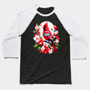 Cute Northern Cardinal Surrounded by Vibrant Spring Flowers Baseball T-Shirt
