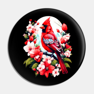 Cute Northern Cardinal Surrounded by Vibrant Spring Flowers Pin
