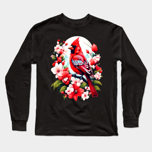 Cute Northern Cardinal Surrounded by Vibrant Spring Flowers Long Sleeve T-Shirt by BirdsnStuff