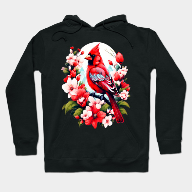 Cute Northern Cardinal Surrounded by Vibrant Spring Flowers Hoodie by BirdsnStuff