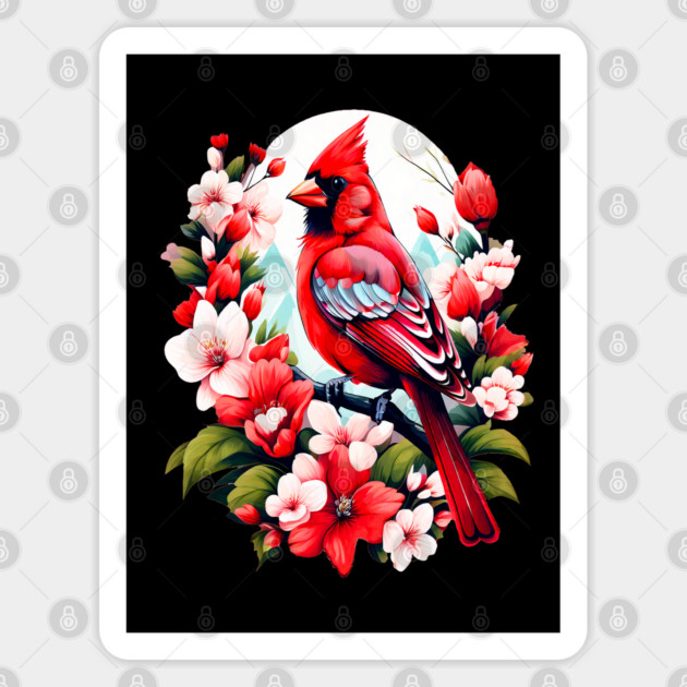 Cute Northern Cardinal Surrounded by Vibrant Spring Flowers Sticker by BirdsnStuff