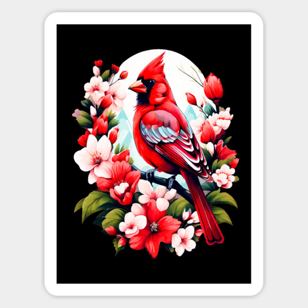 Cute Northern Cardinal Surrounded by Vibrant Spring Flowers Magnet by BirdsnStuff