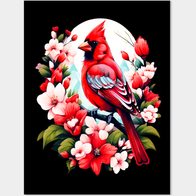 Cute Northern Cardinal Surrounded by Vibrant Spring Flowers Wall Art by BirdsnStuff