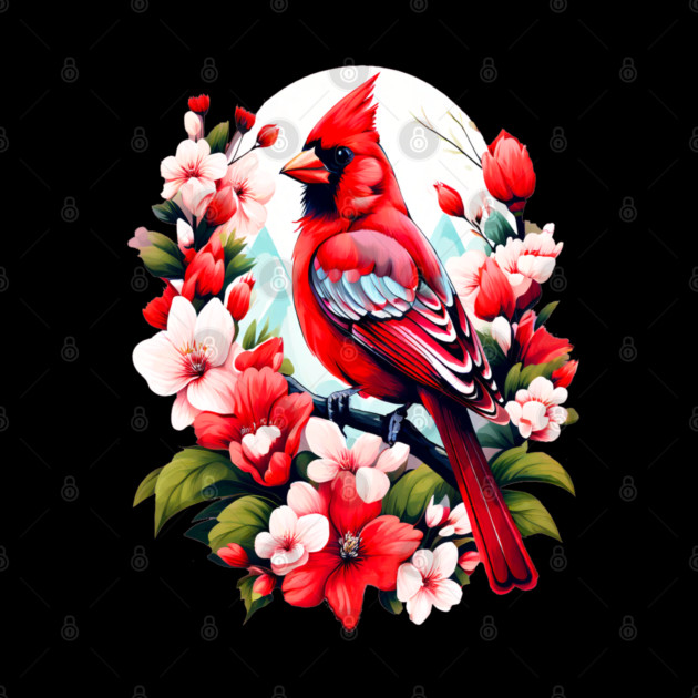 Cute Northern Cardinal Surrounded by Vibrant Spring Flowers by BirdsnStuff